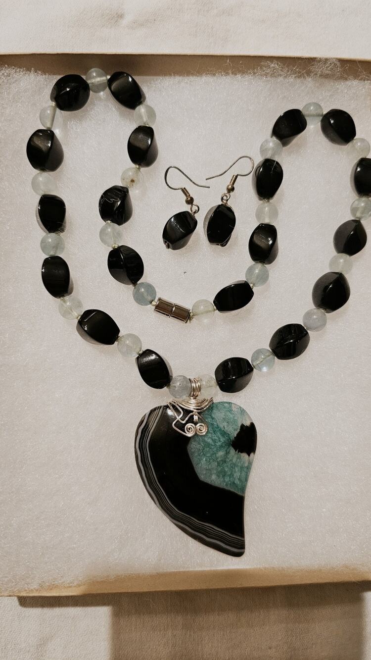Handcrafted Black Banded Agate & Green Druzy Heart Pendant Necklace & Earrings
